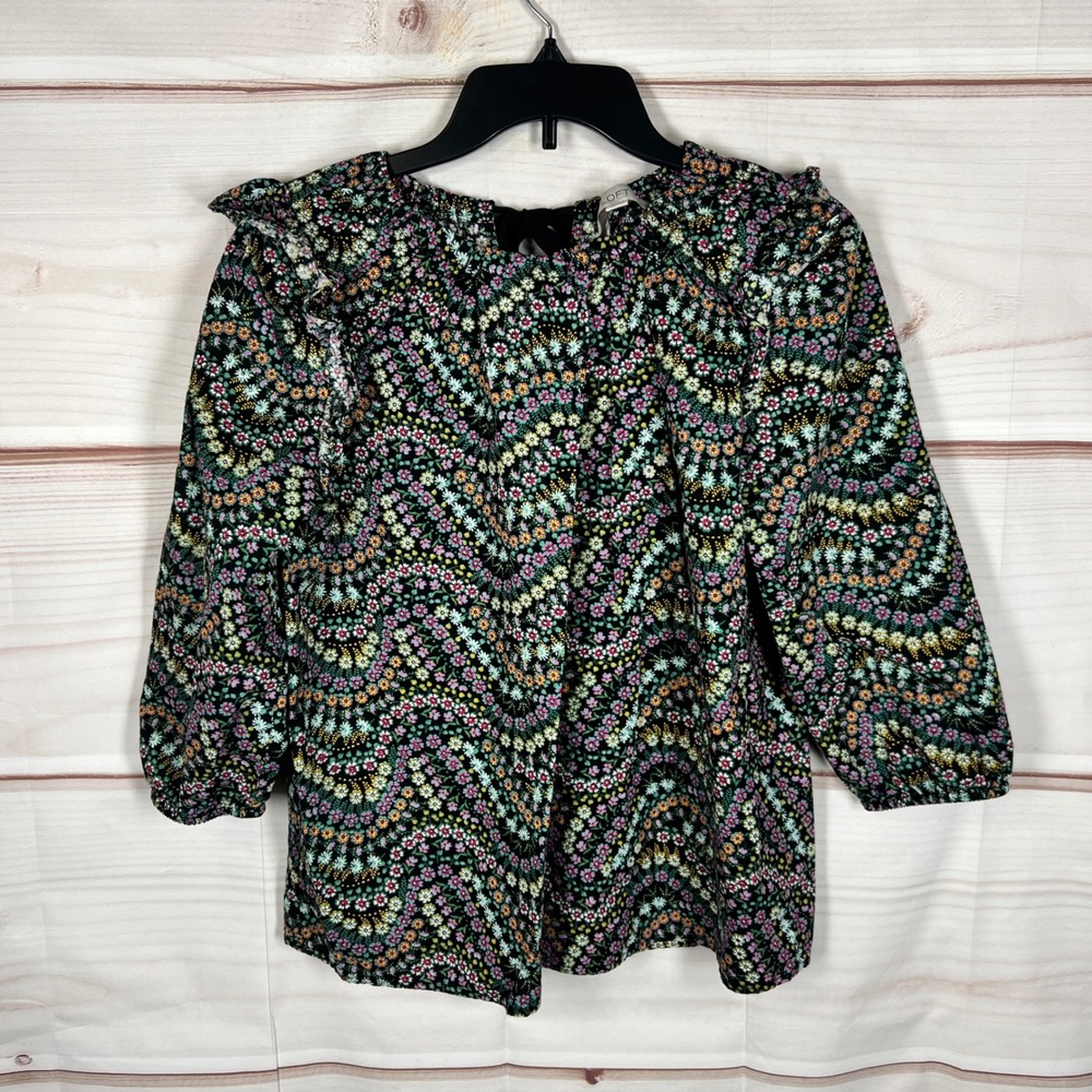 LOFT Ruffle Shoulder‎ Blouse Womens PM Black Floral 3/4 Sleeve Back Tie Top